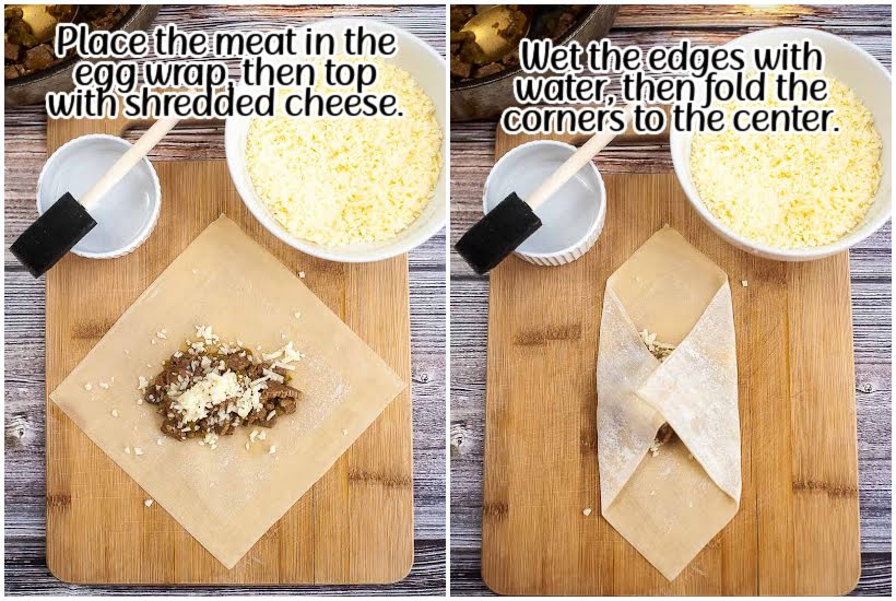 two images of egg roll wrapper with meat and cheese on it and edges of wrap folded on cutting board next to cheese and water with a brush with text overlay.