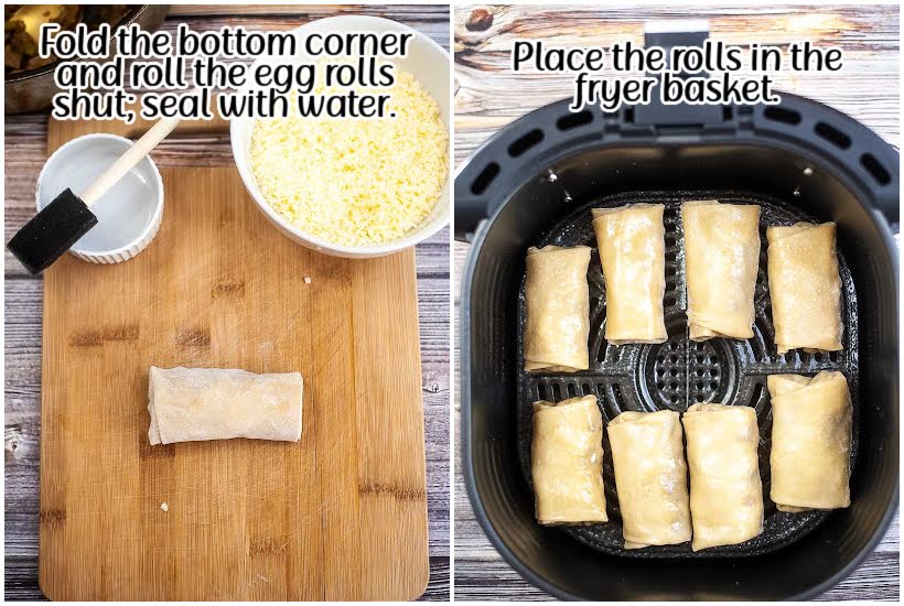 two image collage of a cutting board with an egg roll on it with cheese water and brush and eight egg rolls in an air fryer basket with text overlay.