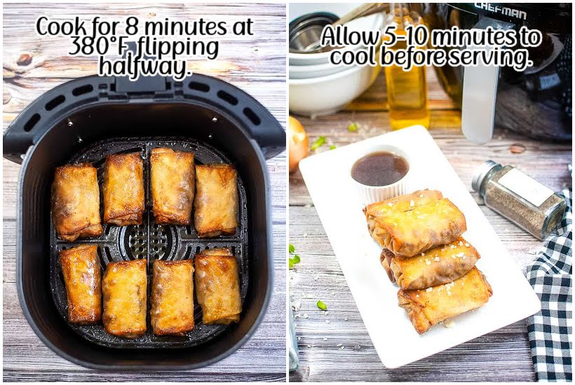 side by side images of cheesesteak egg rolls in an air fryer and a white rectangular platter of egg rolls and sauce with text overlay.