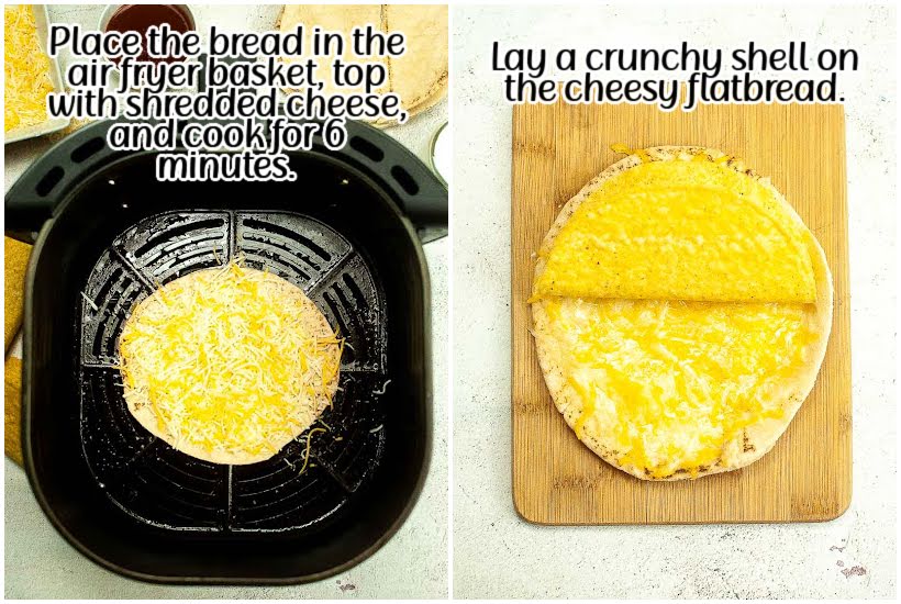 two images of bread in air fryer with cheese and crunchy shell on top of cheesy bread on cutting board with text overlay.
