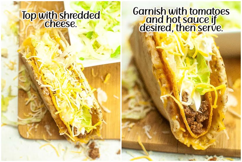 two images of cheese added to gordita and close up of copycat cheesy gordita crunch with text overlay.