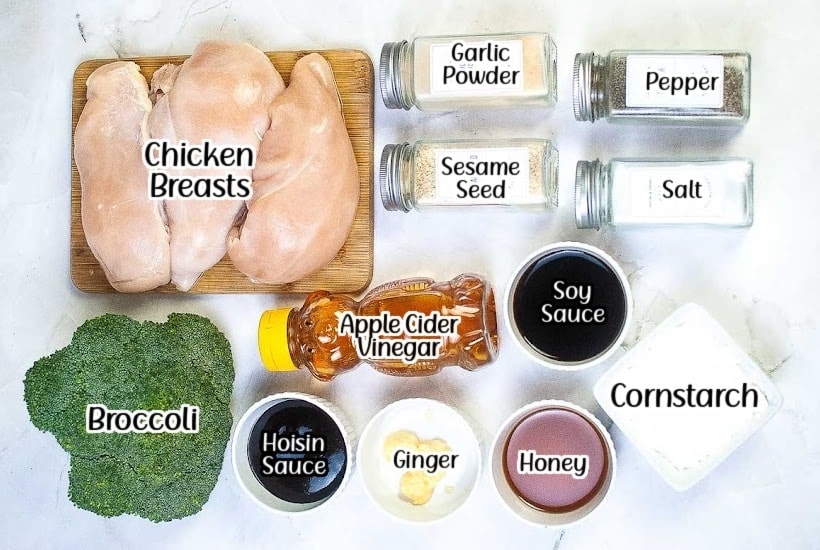 ingredients needed to make air fryer chicken and broccoli with text overlay.