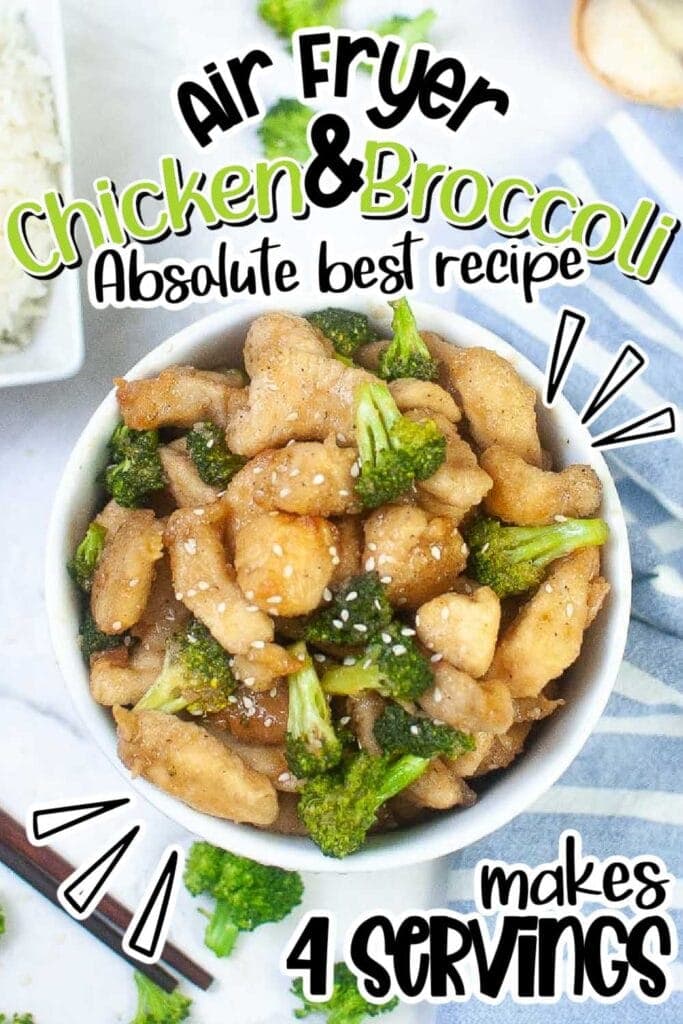a dish of air fryer chicken and broccoli with text overlay
