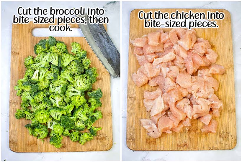 side by side images of a cutting board full of broccoli and one with cut up chicken with text overlay.