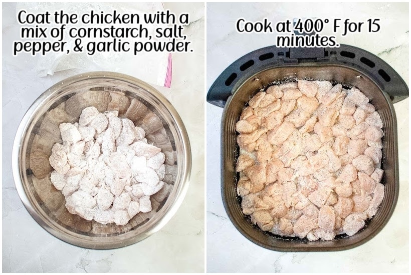 side by side images of a bowl with chicken corn starch and seasoning and seasoned chicken in air fryer with text overlay.