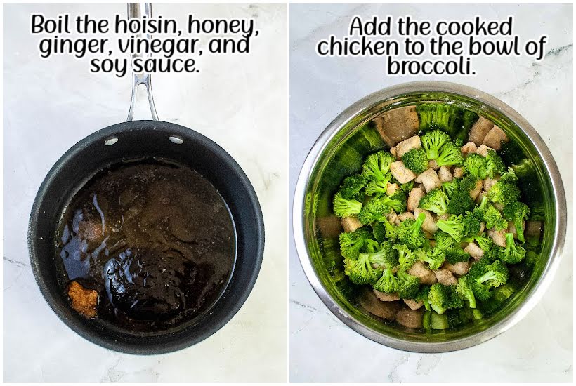 side by side image of pan with hoisin sauce and bowl of cooked chicken and broccoli with text overlay