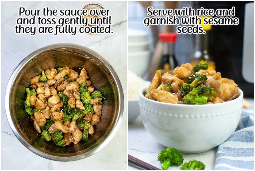 side by side images of chicken and broccoli coated with sauce and a white bowl dish of chicken and broccoli with text overlay.