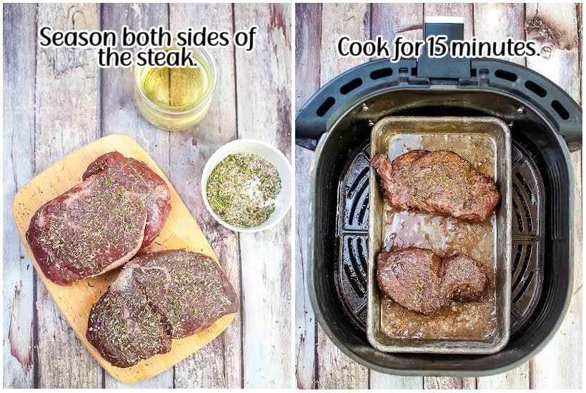 side by side images of seasoned raw steaks on a cutting board and cooked steaks in an air fryer basket with text overlay.