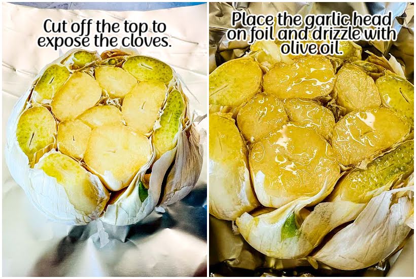 side by side images of top cut off garlic heads and cloves of garlic with oil wrapped in foil with text overlay.