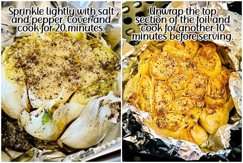 two images of garlic sprinkled with salt and pepper and garlic wrapped in foil in air fryer basket with text overlay.