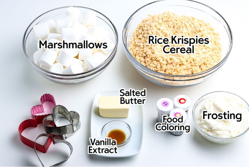 ingredients needed to make heart shaped rice krispie treats with text labels.
