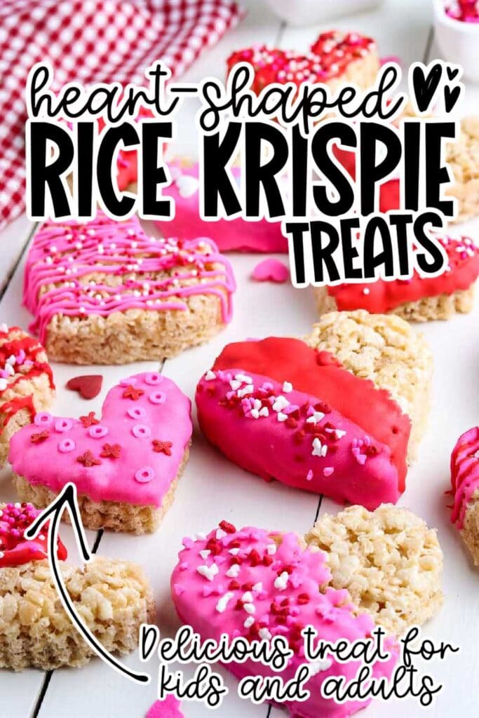 heart shaped rice krispie treats on a white background with text overlay.