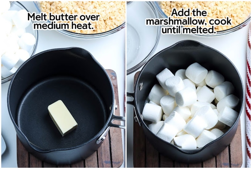 side by side images of butter in sauce pan and marshmallows added to pan with text overlay.