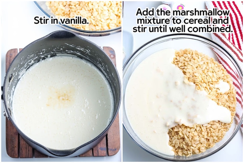 two images of vanilla added to melted marshmallows and mixing bowl of marshmallow mixture and cereal with text overlay.