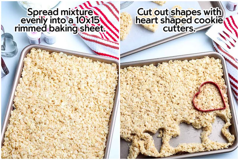 side by side images of 10x15 cookie sheet of rice krispie treats and hearts being cut from krispies with text overlay.