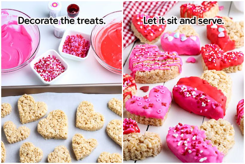 two images of heart rice krispies on cookie sheet with decorations and finished heart shaped rice krispie treats with text overlay.