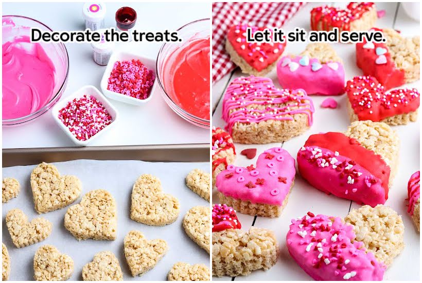 two images of heart rice krispies on cookie sheet with decorations and finished heart shaped rice krispie treats with text overlay.