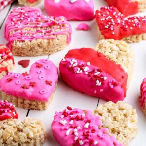 close up of heart shaped rice krispie treats