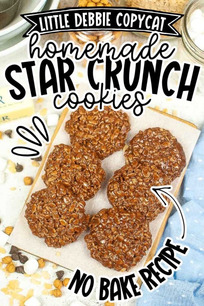 homemade Little Debbie copycat star crunch cookies on parchment paper with text overlay.