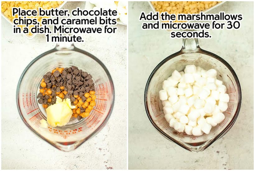 side by side images of butter, chocolate chips and caramel in a measuring cup and marshmallows added in a measuring cup with text overlay.