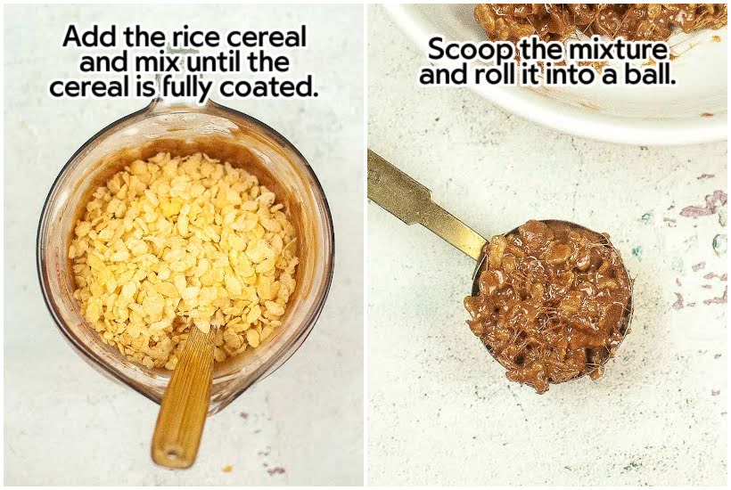 two images of rice cereal added to melted chocolate caramel mixture and mixture being scooped in a measuring cup with text overlay.