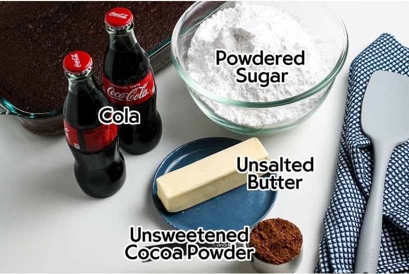 Ingredients needed to make the chocolate glaze for coke cake.