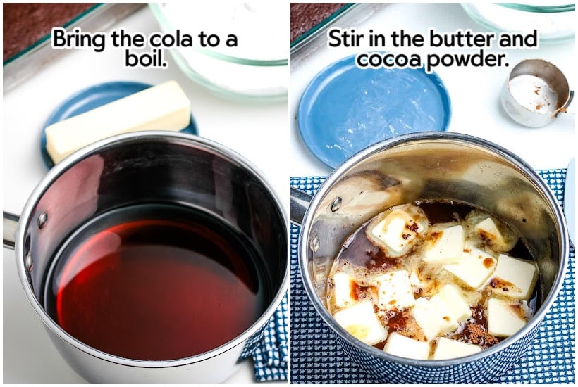 side by side images of cola in a pan and butter and cocoa powder added to cola with text overlay.