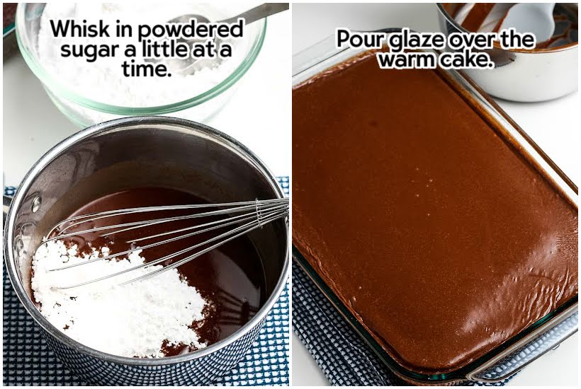 powdered sugar added to cola mixture with a whisk and 9x13 pan filled with glazed cake with text overlay.