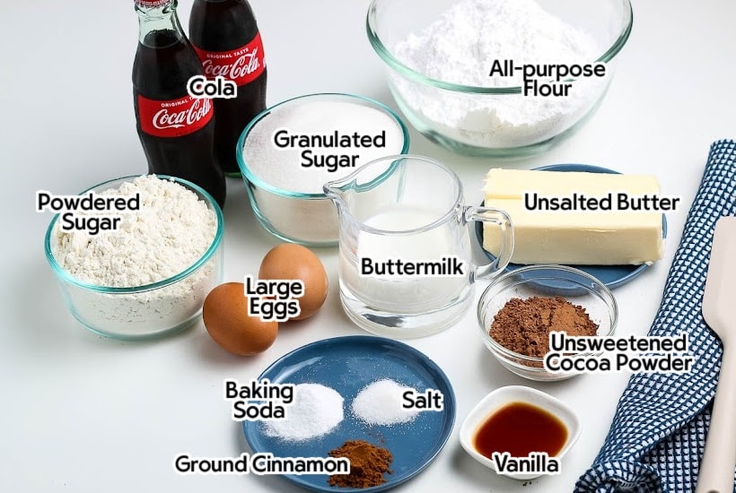 ingredients needed to make old fashioned Coca Cola cake with text overlay.