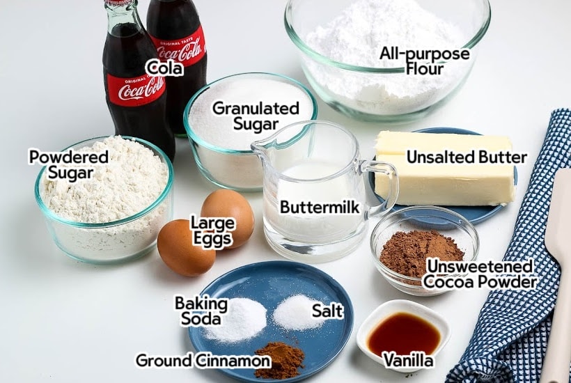 Ingredients needed to make old fashioned Coca Cola cake with text overlay.