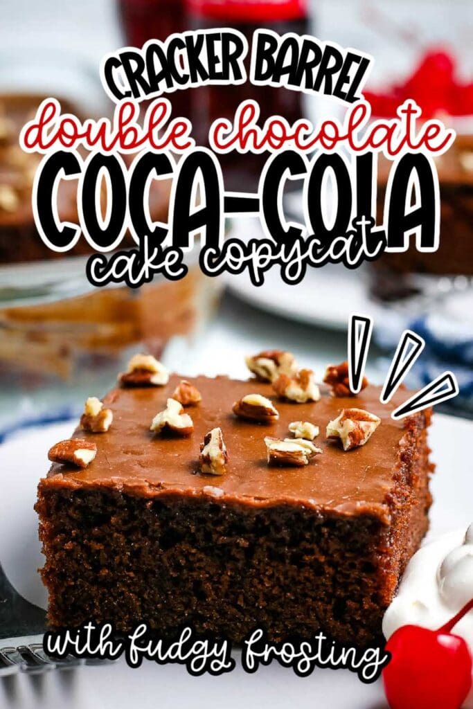 a slice of old fashioned Coca Cola cake garnished with chopped nuts with text overlay.
