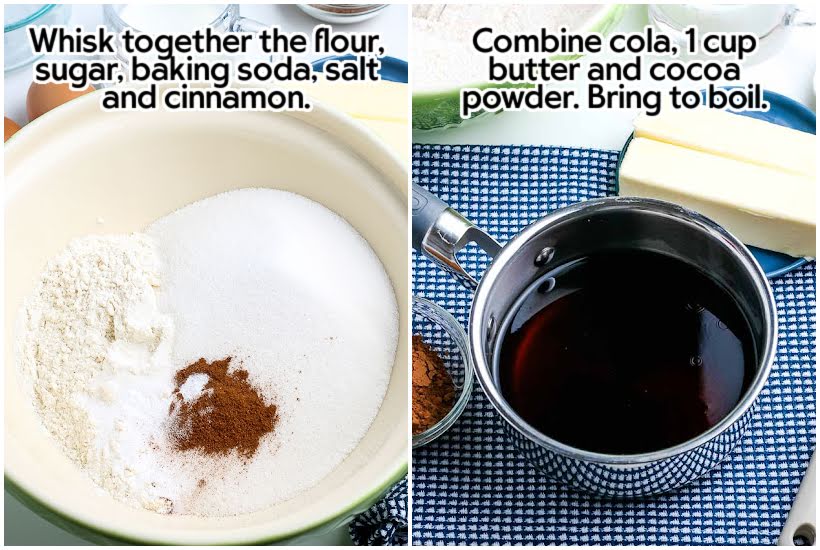 side by side image of flour, sugar, baking soda, salt, and cinnamon in a mixing bowl and cola in a pot with text overlay.