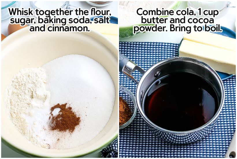 Side by side image of flour, sugar, baking soda, salt, and cinnamon in a mixing bowl and cola in a pot with text overlay.