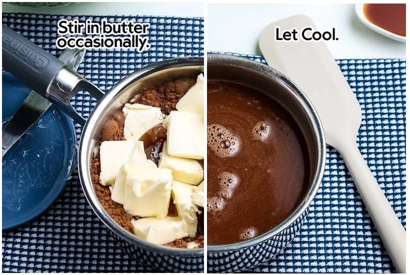 two images of butter and cocoa powder added to cola mixture and cooked batter in a pot with text overlay.