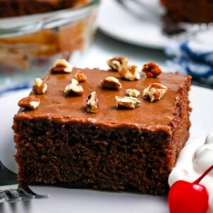 front view of a slice of old fashioned coca cola cake