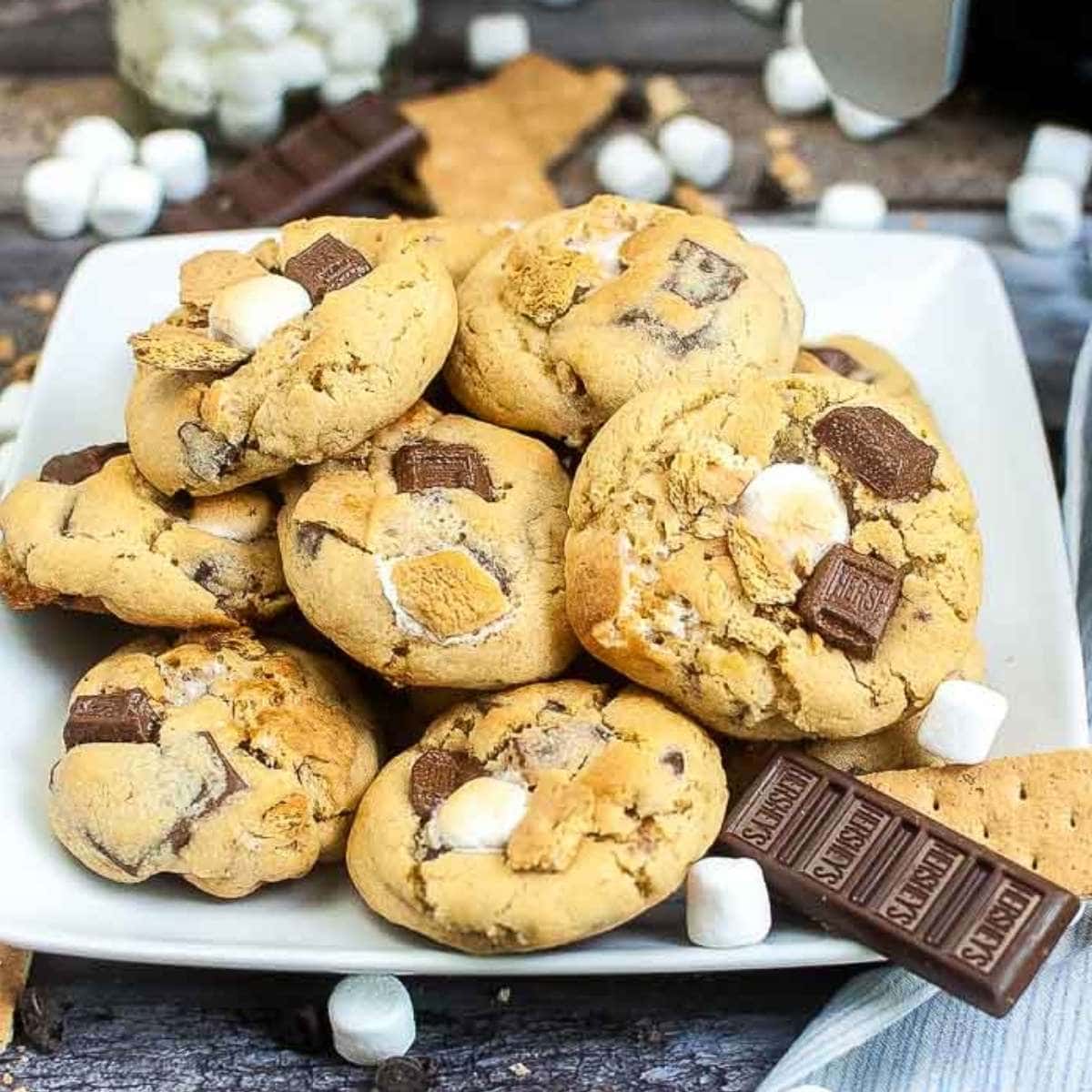 a plate full of chewy smores cookies made in the air fryer.