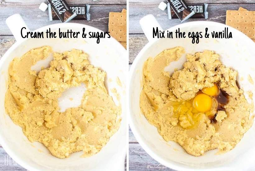 two image collage showing cookie dough being mixed together.