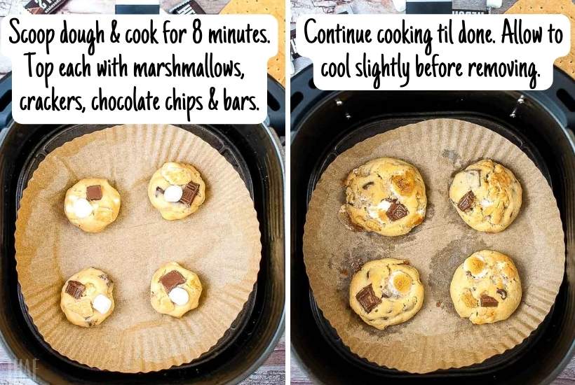 two image collage showing before and after of smores cookies being cooked in the air fryer.