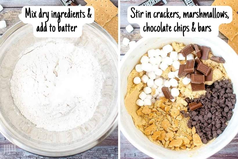 two image collage of dry ingredients being mixed with smores cookie ingredients.