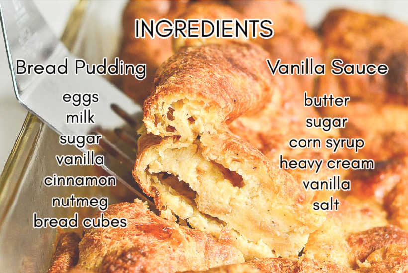 pan of bread pudding with slice being removed with text listing overlay of ingredients.