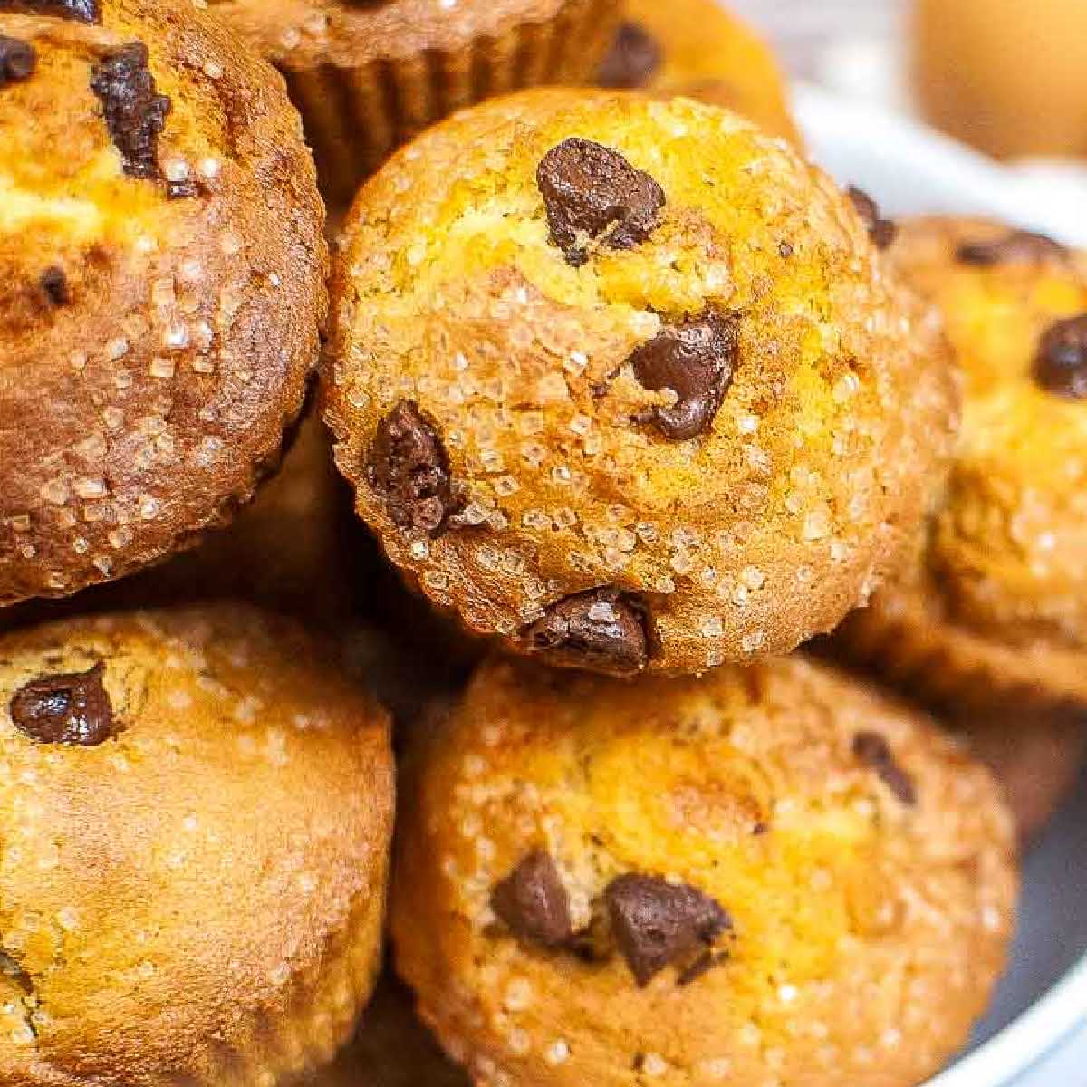 close up of air fryer chocolate chip muffins.