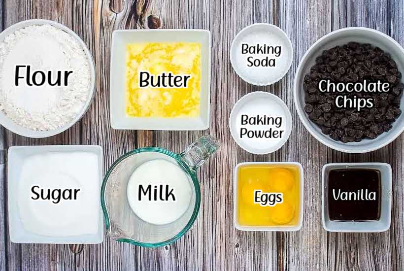 labeled ingredients needed to make chocolate chip muffins in the air fryer with text overlay.