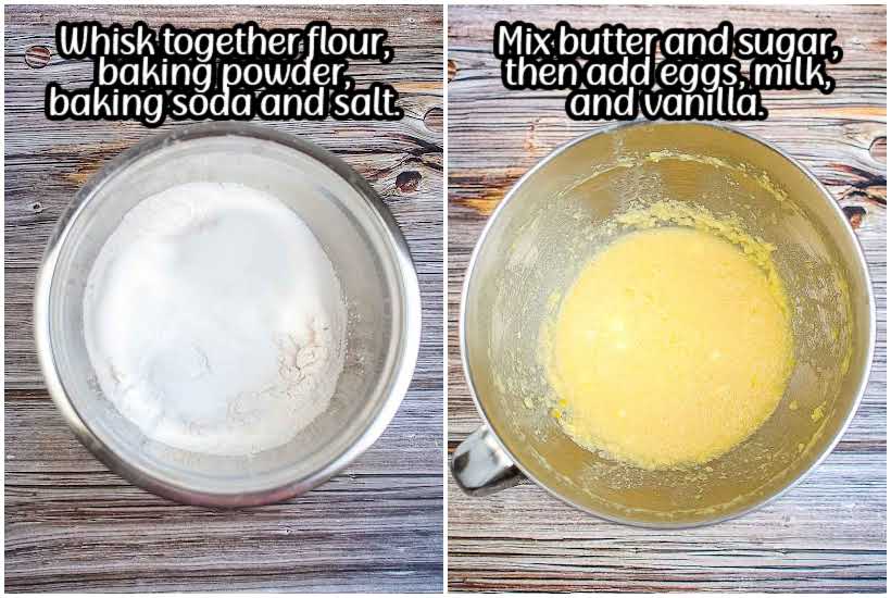 side by side images of flour mixture in mixing bowl and butter sugar mixture with text overlay.