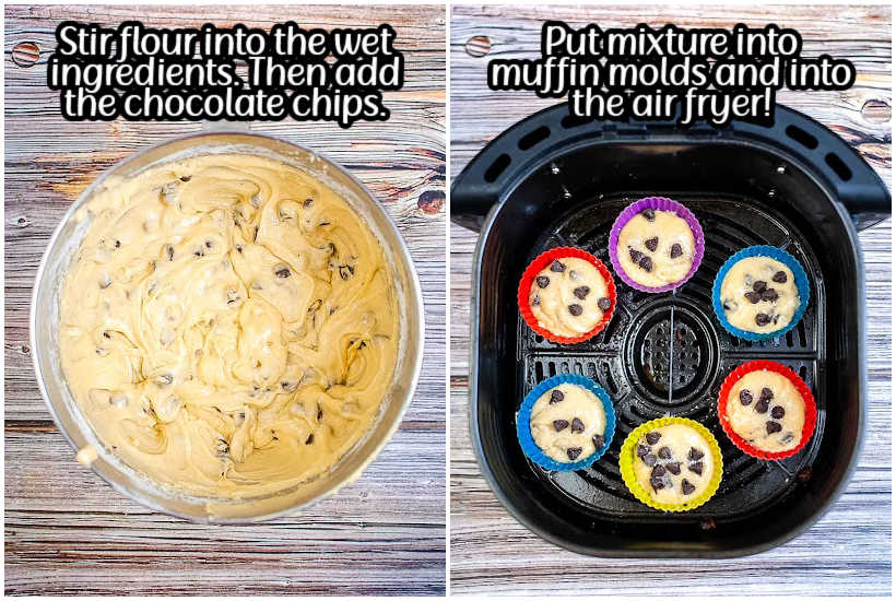 side by side images of chocolate chip muffin dough in mixing bowl and air fryer basket with six batter filled muffin molds with text overlay.