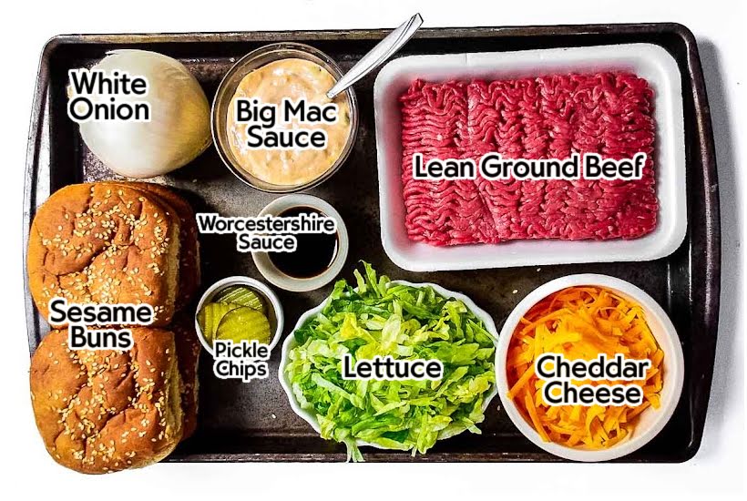 Labeled ingredients needed to make Big Mac style sloppy joes.