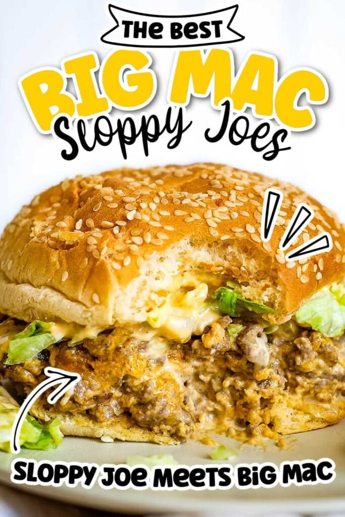 Big mac Sloppy Joe on a plate with a bite taken from it with text overlay.