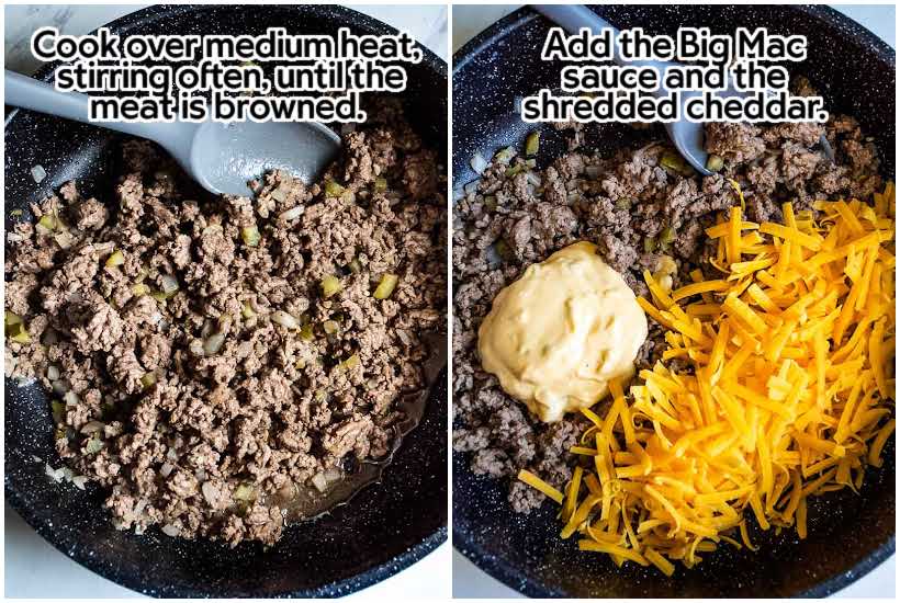 Two images of browned beef with a spatula and copycat big mac sauce and cheddar cheese added to meat with text overlay.