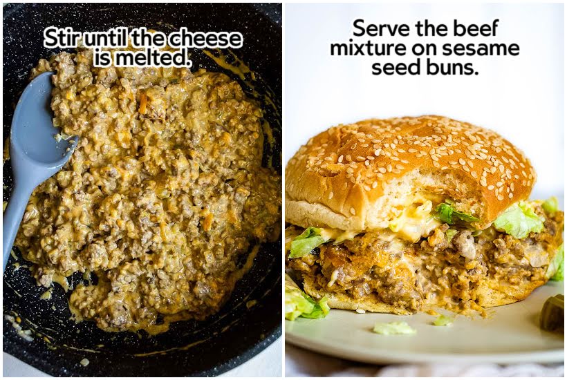 Two images of cheese stirred in with spoon and big mac sloppy joes sandwich on a plate with a bite taken from it with text overlay.