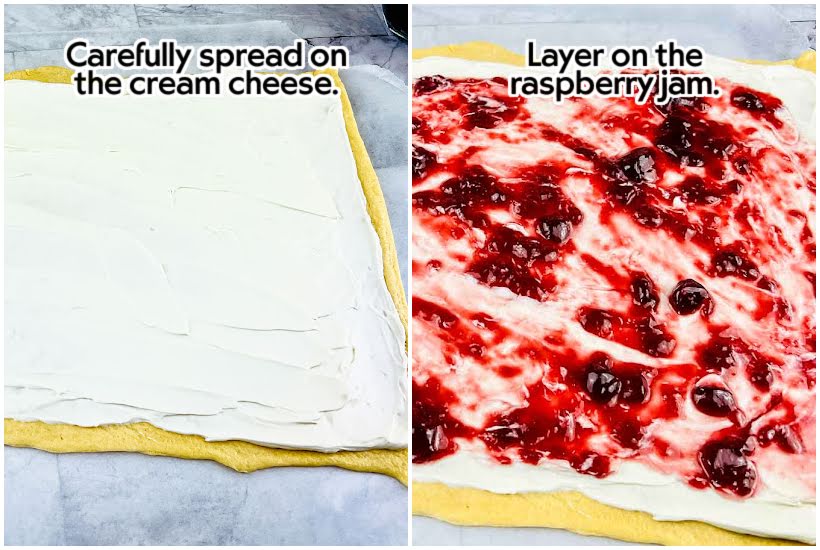 Two images of cream cheese spread on crescent dough and raspberry jam spread on cream cheese with text overlay.