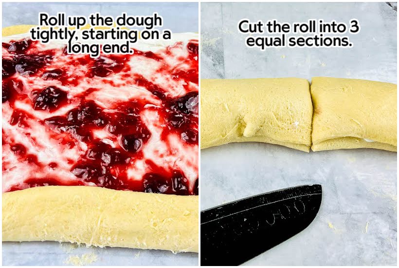 Side by side images of dough being rolled up and dough cut into equal sections with text overlay.